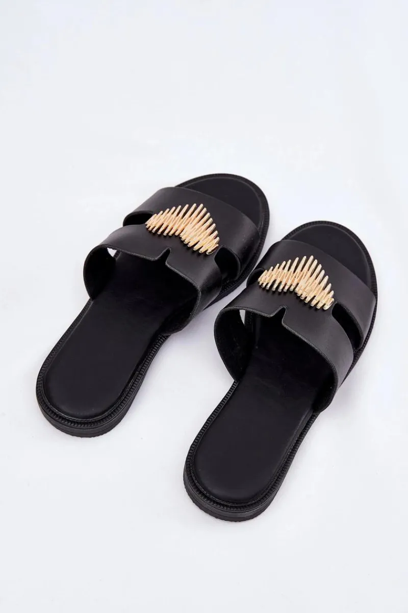 Discount Klapki Damskie Na Płaskim Obcasie Ze Złotą Ozdobą Czarne Karinma Damskie Klapki Damskie Klasyczne