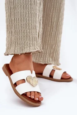 Klapki Damskie Klasyczne>Evento Klapki Damskie Na Płaskim Obcasie Ze Złotą Ozdobą Białe Karinma Biały