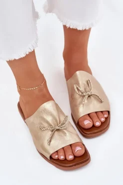 Online Klapki Damskie Na Płaskim Obcasie Z Ozdobnym Wiązaniem Złote Norela Damskie Klapki Damskie Klasyczne