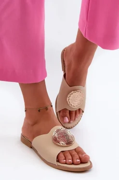 Sale Evento Klapki Damskie Na Płaskim Obcasie Z Ozdobą Beżowe Rivashea