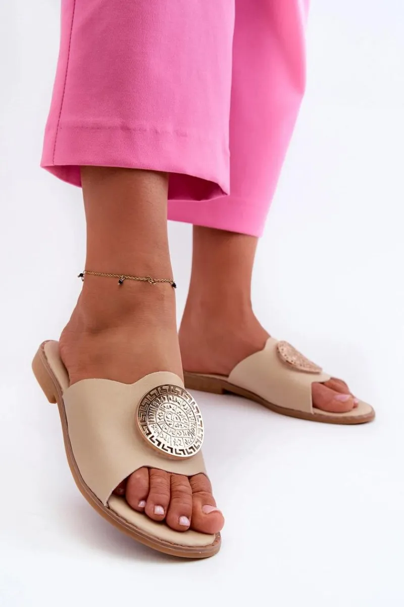 Sale Evento Klapki Damskie Na Płaskim Obcasie Z Ozdobą Beżowe Rivashea