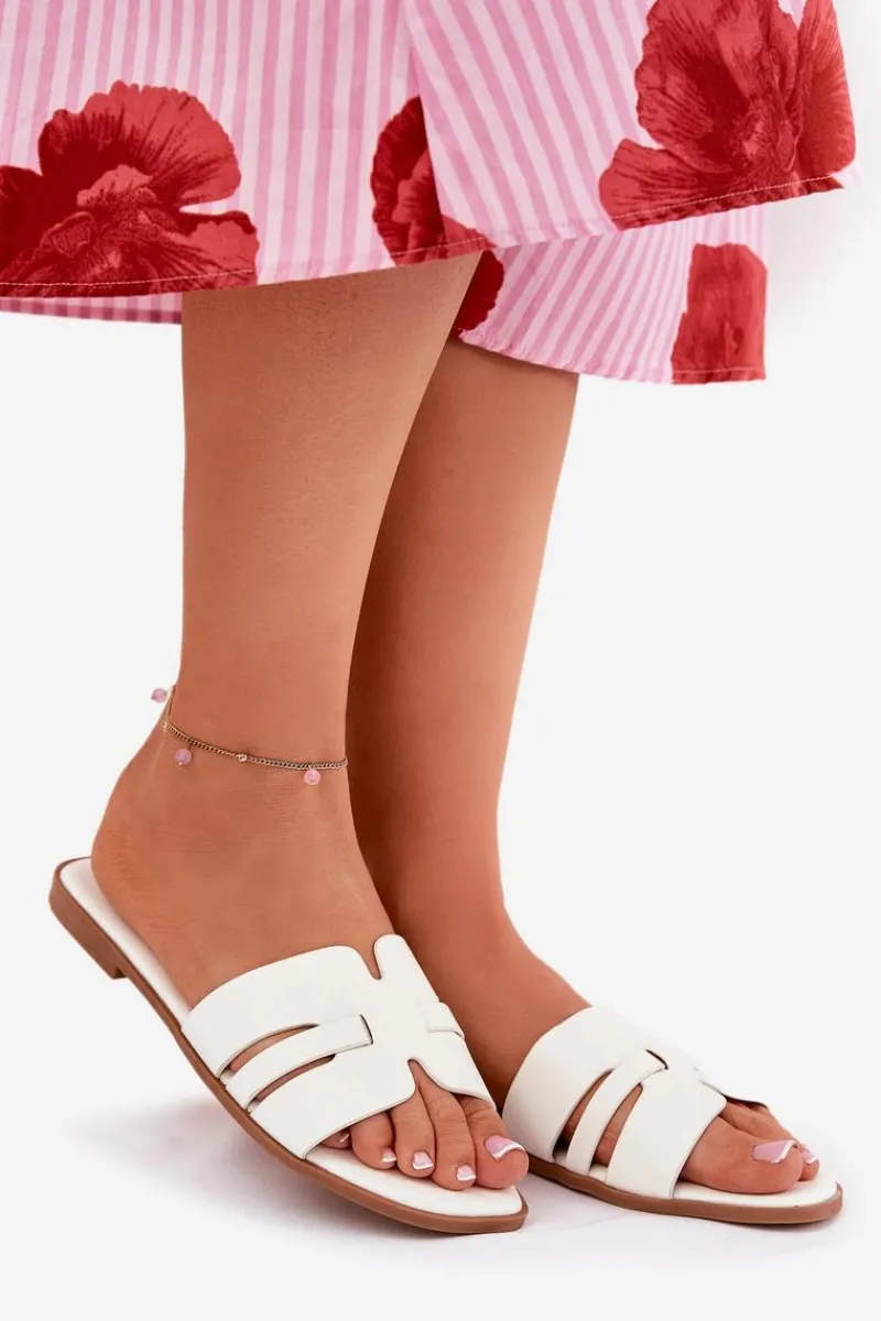 Online Boto Klapki Damskie Na Płaskim Obcasie Z Wycięciami Eko Skórzane Białe Ecapus Biały