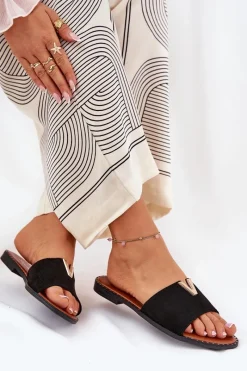 Sale Boto Klapki Damskie Na Płaskim Obcasie Z Ozdobnymi Detalami Czarne Saliena