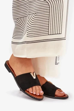 Sale Boto Klapki Damskie Na Płaskim Obcasie Z Ozdobnymi Detalami Czarne Saliena