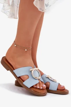 Sale Buty damskie Vinceza Klapki Damskie Na Płaskim Obcasie Z Ozdobą Vinceza 17381 e Niebieski