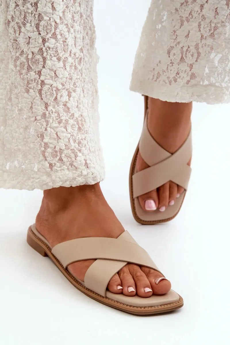 Discount Damskie buty S.Barski Klapki Damskie Na Płaskim Obcasie Z Eko Skóry S.Barski KV27-002 Beżowe Beżowy