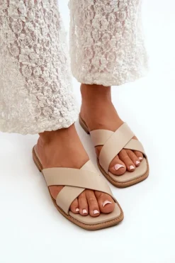 Discount Damskie buty S.Barski Klapki Damskie Na Płaskim Obcasie Z Eko Skóry S.Barski KV27-002 Beżowe Beżowy