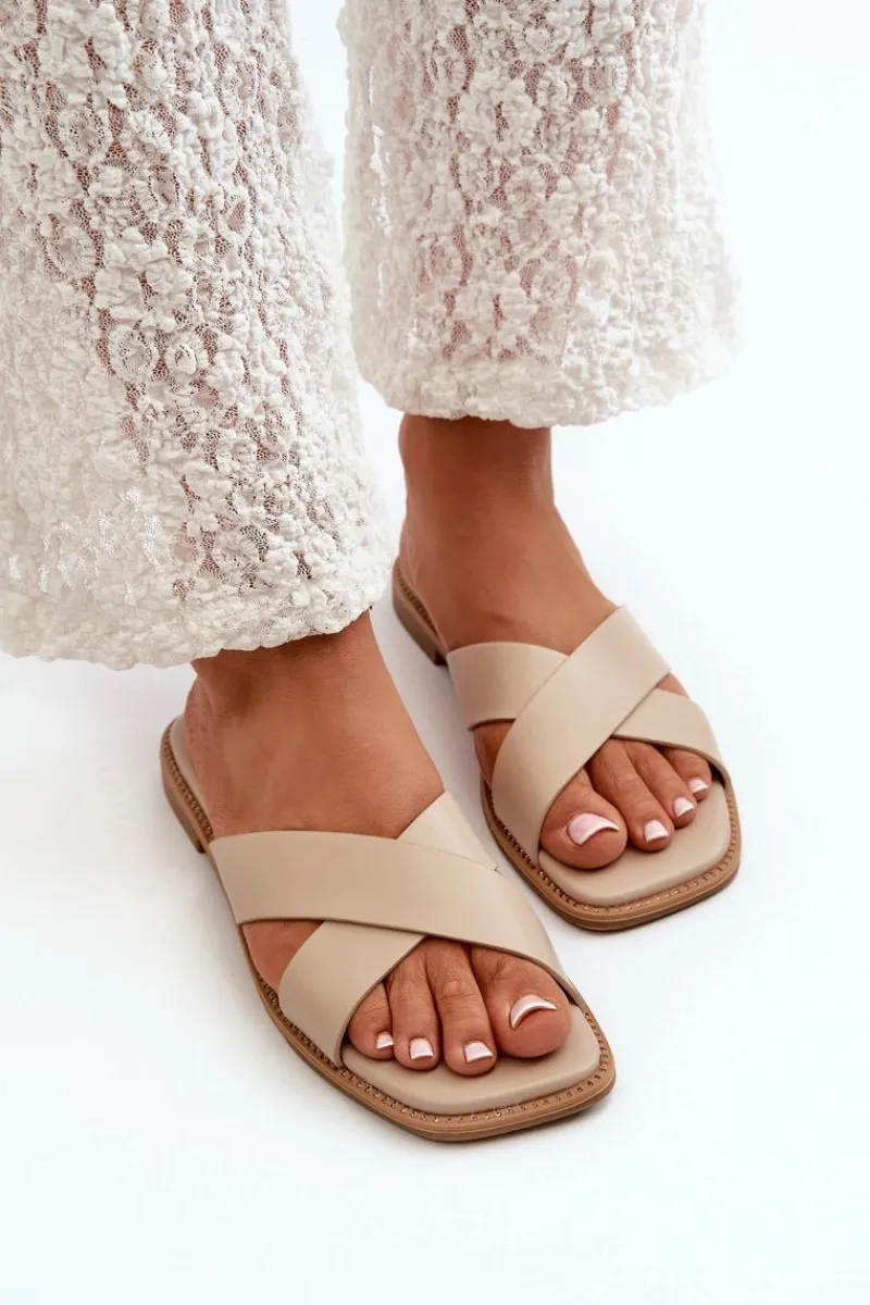 Discount Damskie buty S.Barski Klapki Damskie Na Płaskim Obcasie Z Eko Skóry S.Barski KV27-002 Beżowe Beżowy