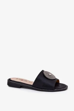 Sale Klapki Damskie Na Płaskim Obcasie Z Ozdobą S.Barski KV51-013 Czarne Damskie Klapki Damskie Klasyczne