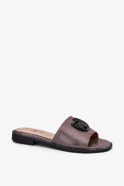 Clearance Klapki Damskie Na Płaskim Obcasie Z Ozdobnym Detalem KV51-007 Grafitowe Damskie Klapki Damskie Klasyczne