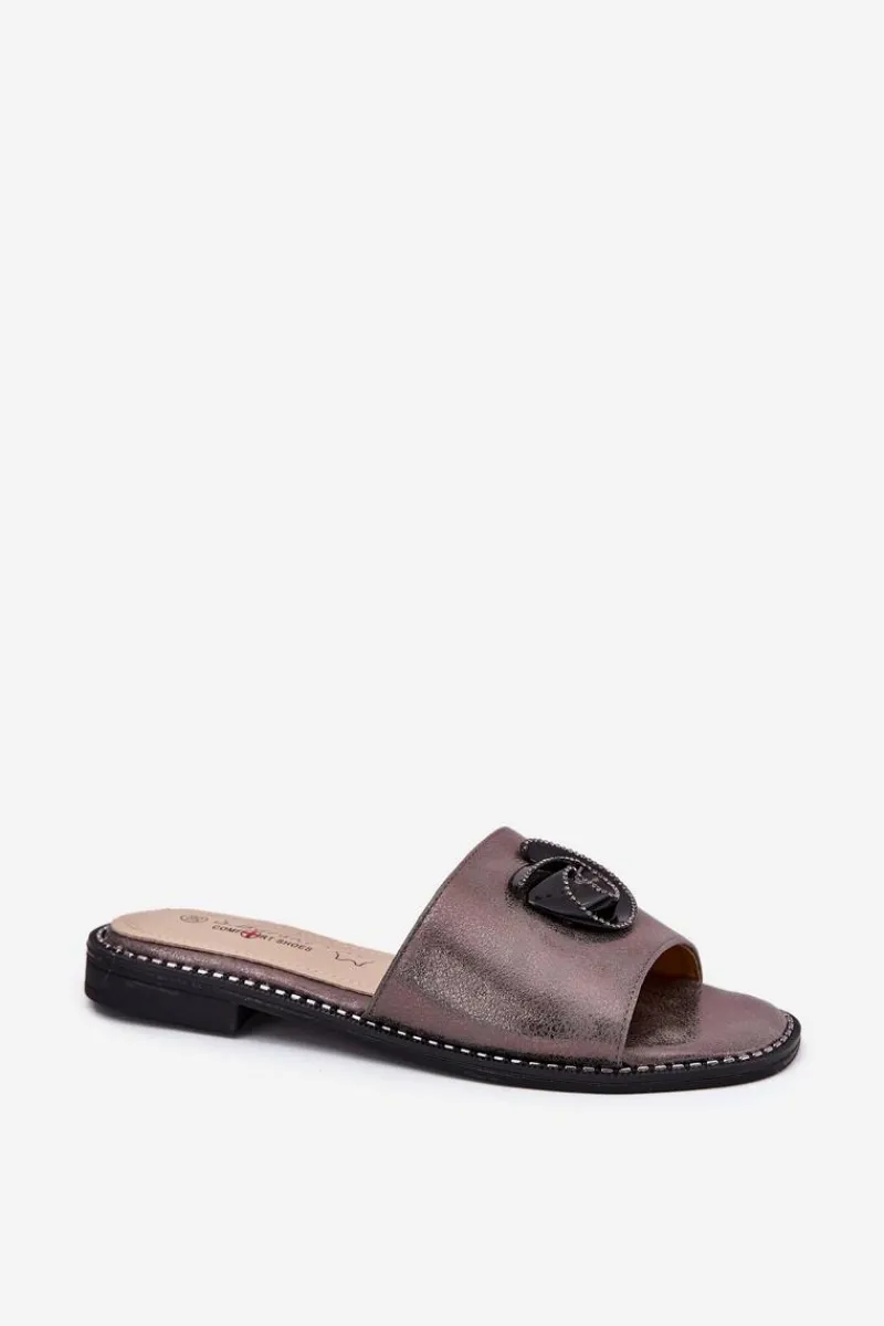 Clearance Klapki Damskie Na Płaskim Obcasie Z Ozdobnym Detalem KV51-007 Grafitowe Damskie Klapki Damskie Klasyczne