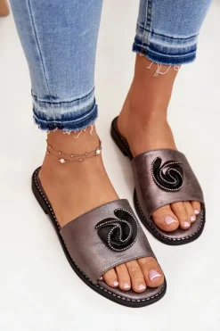 Clearance Klapki Damskie Na Płaskim Obcasie Z Ozdobnym Detalem KV51-007 Grafitowe Damskie Klapki Damskie Klasyczne