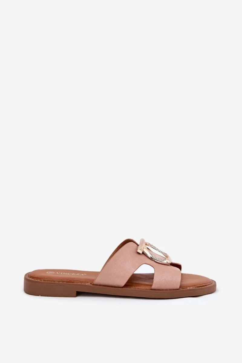 Klapki Damskie Klasyczne>Buty damskie Vinceza Klapki Damskie Na Płaskim Obcasie Z Ozdobą Vinceza 17381 Beżowe Beżowy