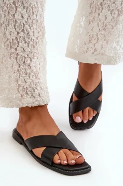 Outlet Damskie buty S.Barski Klapki Damskie Na Płaskim Obcasie Z Eko Skóry S.Barski KV27-002 Czarne Czarny