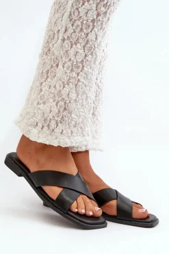 Outlet Damskie buty S.Barski Klapki Damskie Na Płaskim Obcasie Z Eko Skóry S.Barski KV27-002 Czarne Czarny