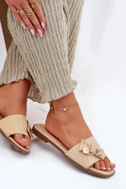 Discount Klapki Damskie Na Płaskim Obcasie Z Kokardą Beżowe Sallariela Damskie Klapki Damskie Klasyczne