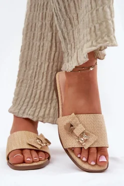 Discount Klapki Damskie Na Płaskim Obcasie Z Kokardą Beżowe Sallariela Damskie Klapki Damskie Klasyczne