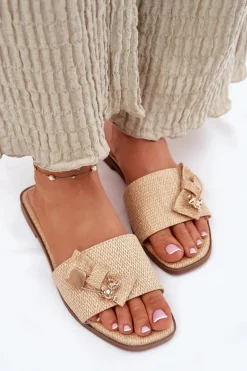 Discount Klapki Damskie Na Płaskim Obcasie Z Kokardą Beżowe Sallariela Damskie Klapki Damskie Klasyczne