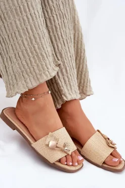 Discount Klapki Damskie Na Płaskim Obcasie Z Kokardą Beżowe Sallariela Damskie Klapki Damskie Klasyczne