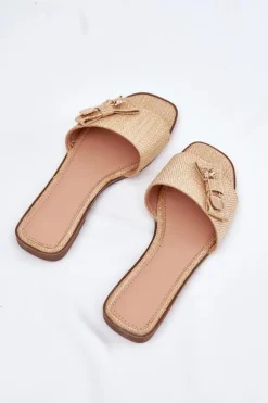 Discount Klapki Damskie Na Płaskim Obcasie Z Kokardą Beżowe Sallariela Damskie Klapki Damskie Klasyczne