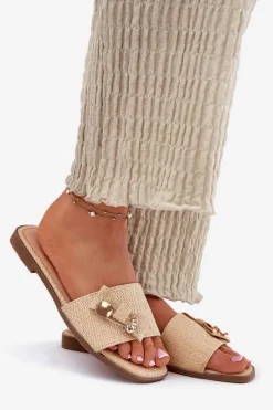 Discount Klapki Damskie Na Płaskim Obcasie Z Kokardą Beżowe Sallariela Damskie Klapki Damskie Klasyczne