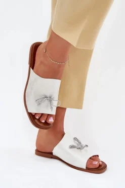 Clearance Evento Klapki Damskie Na Płaskim Obcasie Z Ozdobnym Wiązaniem Srebrne Norela Srebrny