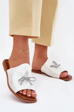 Clearance Evento Klapki Damskie Na Płaskim Obcasie Z Ozdobnym Wiązaniem Srebrne Norela Srebrny