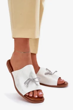 Clearance Evento Klapki Damskie Na Płaskim Obcasie Z Ozdobnym Wiązaniem Srebrne Norela Srebrny