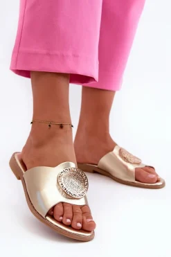 Outlet Klapki Damskie Na Płaskim Obcasie Z Ozdobą Złote Rivashea Damskie Klapki Damskie Klasyczne