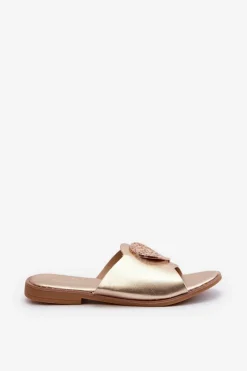Outlet Klapki Damskie Na Płaskim Obcasie Z Ozdobą Złote Rivashea Damskie Klapki Damskie Klasyczne