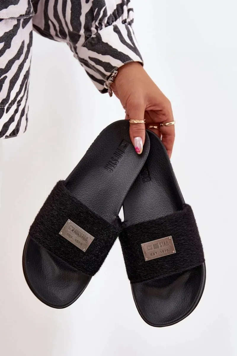 Klapki Damskie Big Star|Klapki Basenowe>Big Star Shoes Klapki Damskie Na Piankowej Podeszwie Z Futerkiem Big Star SS274716 Czarne Czarny