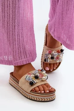 Klapki Na Platformie|Klapki Damskie Klasyczne>Damskie buty S.Barski Klapki Damskie Na Platformie Z Ozdobami S.Barski HY077 Beżowe Beżowy