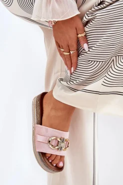 Discount Klapki Damskie Na Platformie Z Brokatem I Złotą Ozdobą Różowe Rilirea Damskie Klapki Korkowe|Klapki Na Platformie