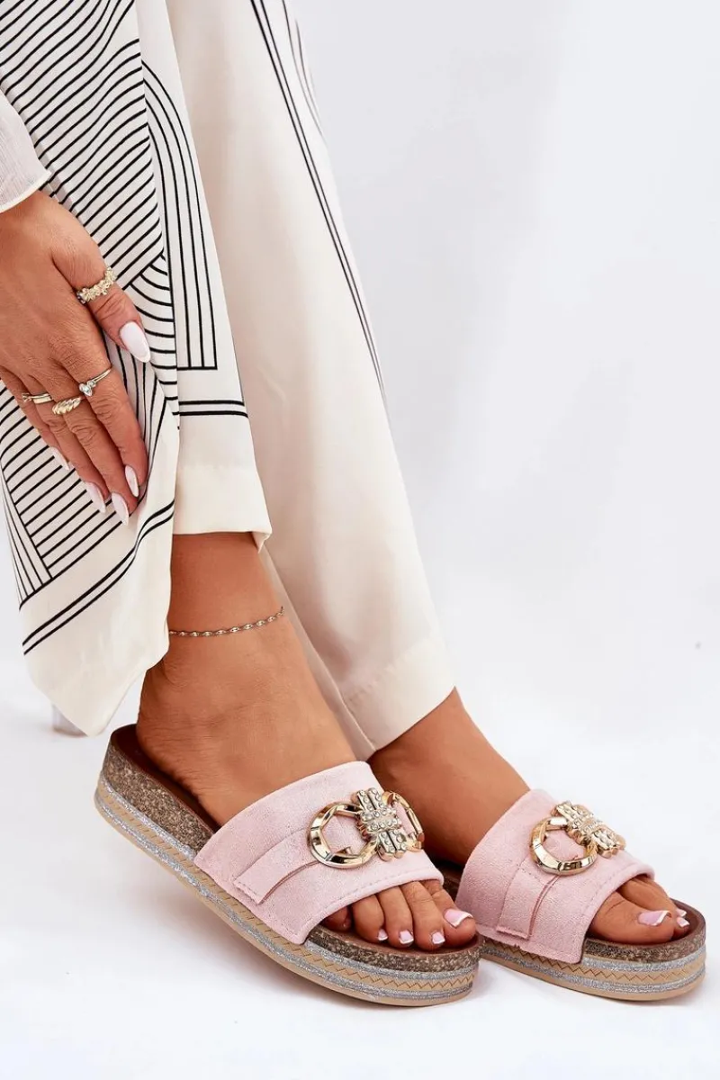 Discount Klapki Damskie Na Platformie Z Brokatem I Złotą Ozdobą Różowe Rilirea Damskie Klapki Korkowe|Klapki Na Platformie