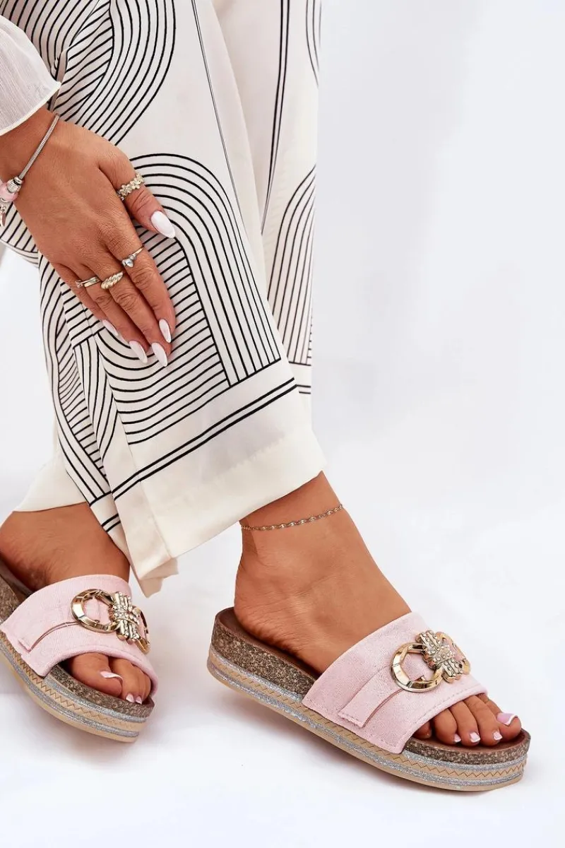 Discount Klapki Damskie Na Platformie Z Brokatem I Złotą Ozdobą Różowe Rilirea Damskie Klapki Korkowe|Klapki Na Platformie