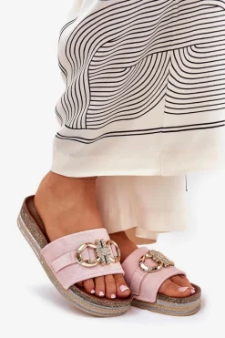 Discount Klapki Damskie Na Platformie Z Brokatem I Złotą Ozdobą Różowe Rilirea Damskie Klapki Korkowe|Klapki Na Platformie