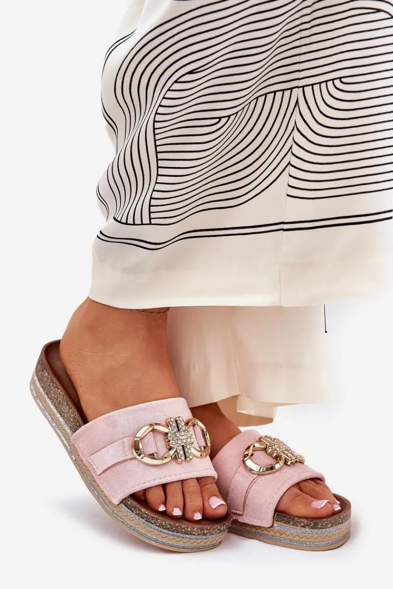 Discount Klapki Damskie Na Platformie Z Brokatem I Złotą Ozdobą Różowe Rilirea Damskie Klapki Korkowe|Klapki Na Platformie