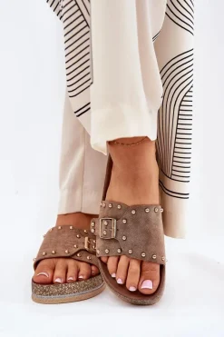 Sale Klapki Damskie Na Platformie Z Klamrą I Ćwiekami Khaki Nusithia Damskie Klapki Korkowe|Klapki Na Platformie