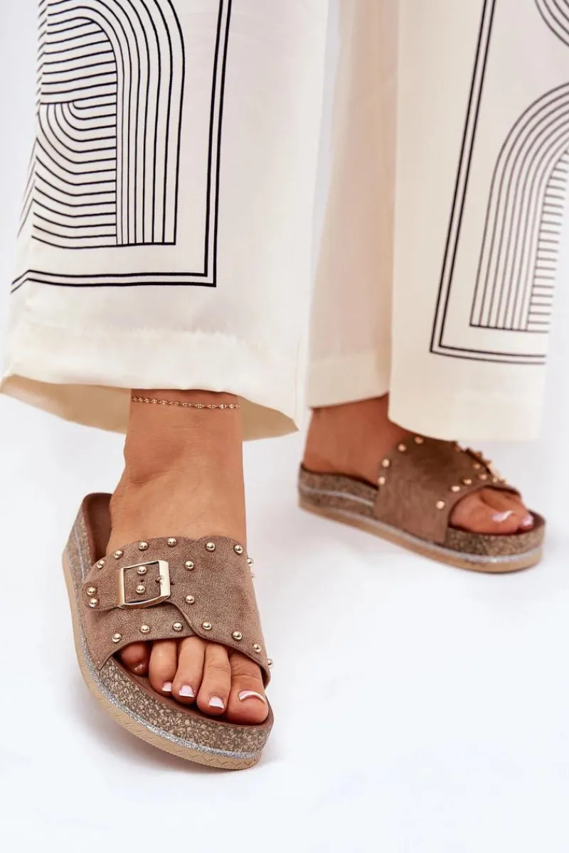 Sale Klapki Damskie Na Platformie Z Klamrą I Ćwiekami Khaki Nusithia Damskie Klapki Korkowe|Klapki Na Platformie