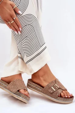 Sale Klapki Damskie Na Platformie Z Klamrą I Ćwiekami Khaki Nusithia Damskie Klapki Korkowe|Klapki Na Platformie