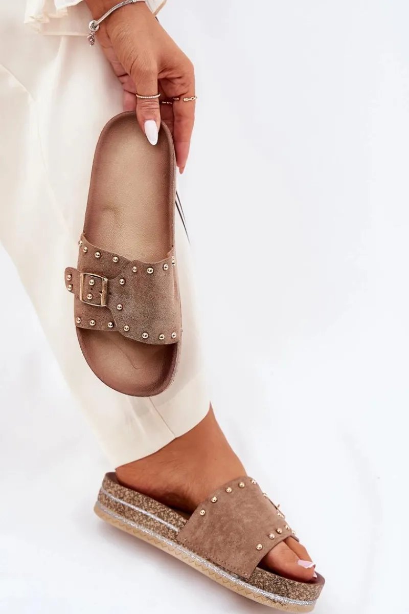 Sale Klapki Damskie Na Platformie Z Klamrą I Ćwiekami Khaki Nusithia Damskie Klapki Korkowe|Klapki Na Platformie