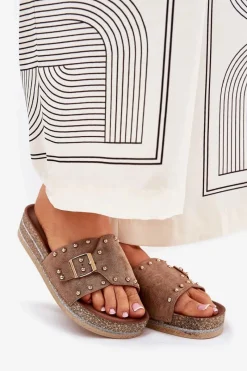 Sale Klapki Damskie Na Platformie Z Klamrą I Ćwiekami Khaki Nusithia Damskie Klapki Korkowe|Klapki Na Platformie