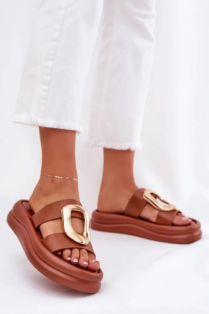 Best Boto Klapki Damskie Na Platformie Ze Złotym Detalem Camel Ularinea Brązowy