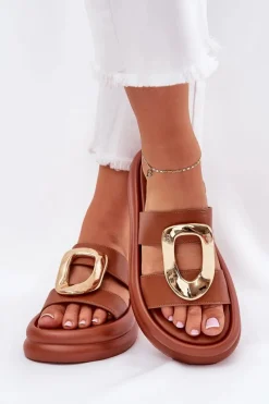 Best Boto Klapki Damskie Na Platformie Ze Złotym Detalem Camel Ularinea Brązowy