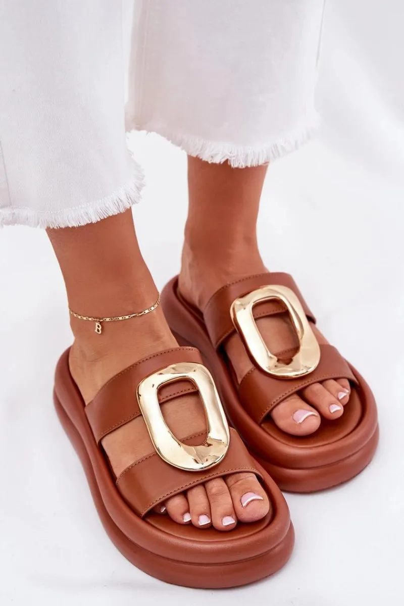 Best Boto Klapki Damskie Na Platformie Ze Złotym Detalem Camel Ularinea Brązowy