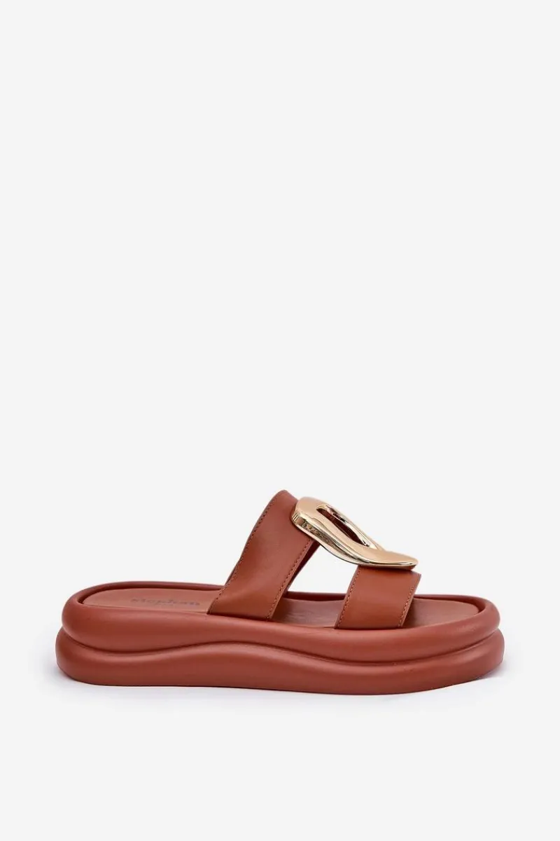 Best Boto Klapki Damskie Na Platformie Ze Złotym Detalem Camel Ularinea Brązowy