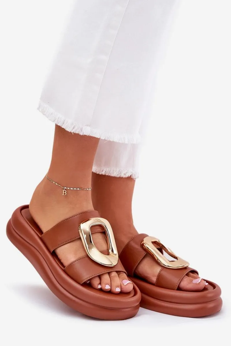 Best Boto Klapki Damskie Na Platformie Ze Złotym Detalem Camel Ularinea Brązowy