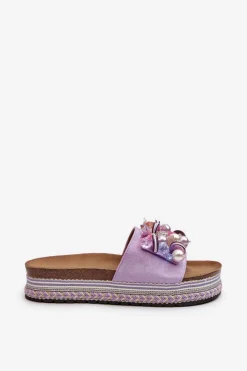Hot Klapki Damskie Na Platformie Z Ozdobami S.Barski HY077 Fioletowe Damskie Klapki Na Platformie|Klapki Damskie Klasyczne