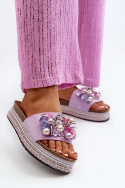 Hot Klapki Damskie Na Platformie Z Ozdobami S.Barski HY077 Fioletowe Damskie Klapki Na Platformie|Klapki Damskie Klasyczne