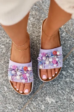 Hot Klapki Damskie Na Platformie Z Ozdobami S.Barski HY077 Fioletowe Damskie Klapki Na Platformie|Klapki Damskie Klasyczne